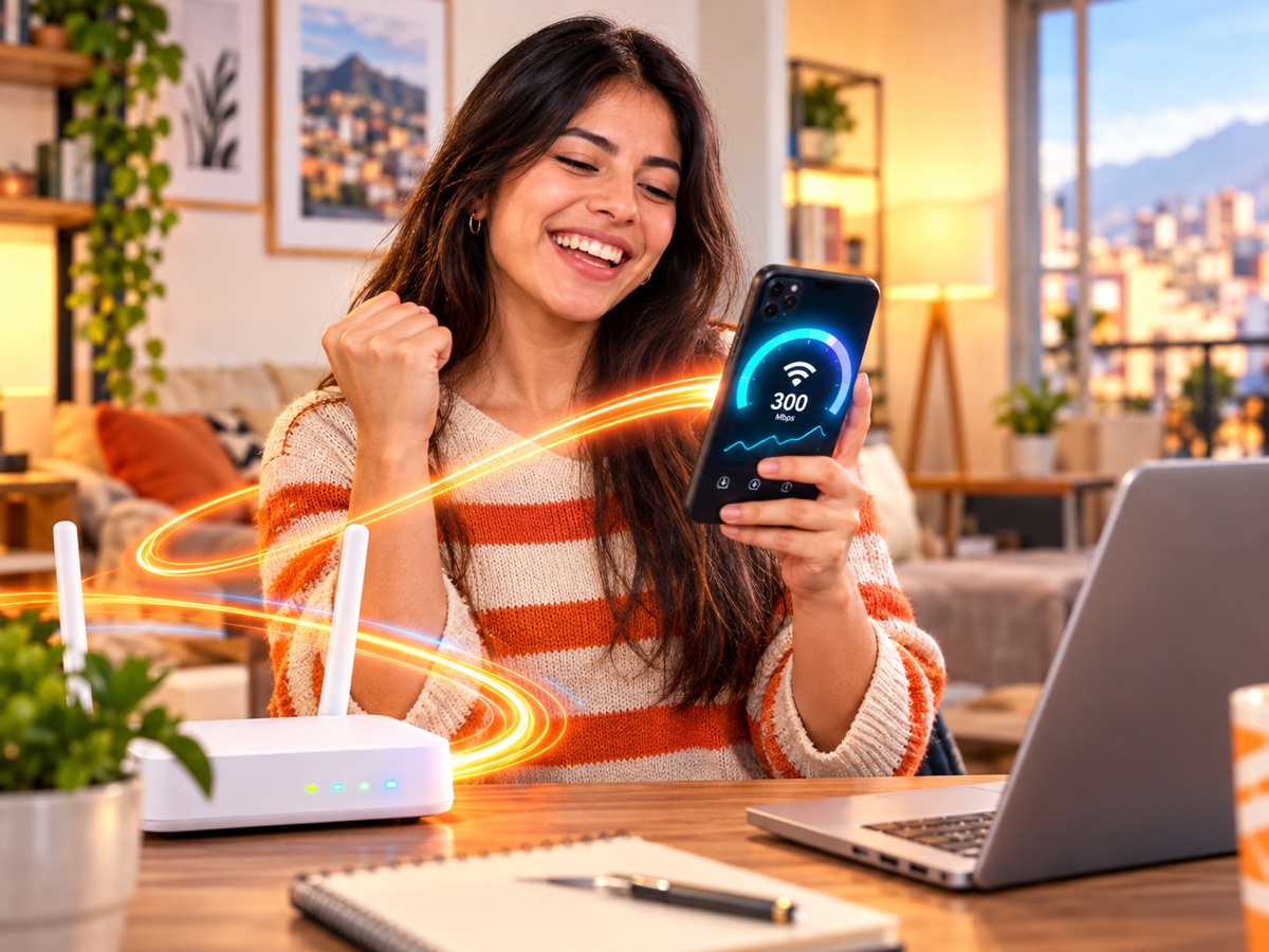 Persona probando su nueva conexión de internet en casa