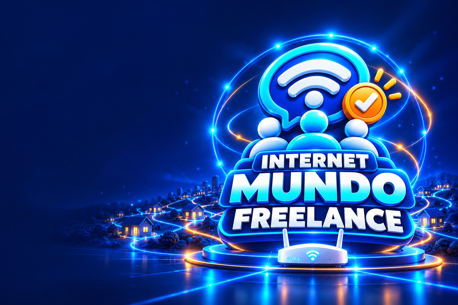 El símbolo de Mundo Freelance integrado en una escena de hogares conectados por fibra óptica